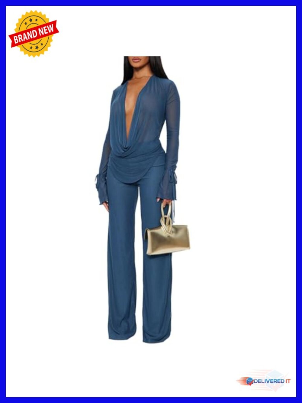 Mesh See Through Deep V Neck Top & Long Pants Set Club Outfit 2 Piece